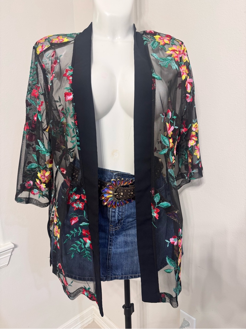Valerie Stevens Black Sheer Kimono with Red and Green Floral Embroidery